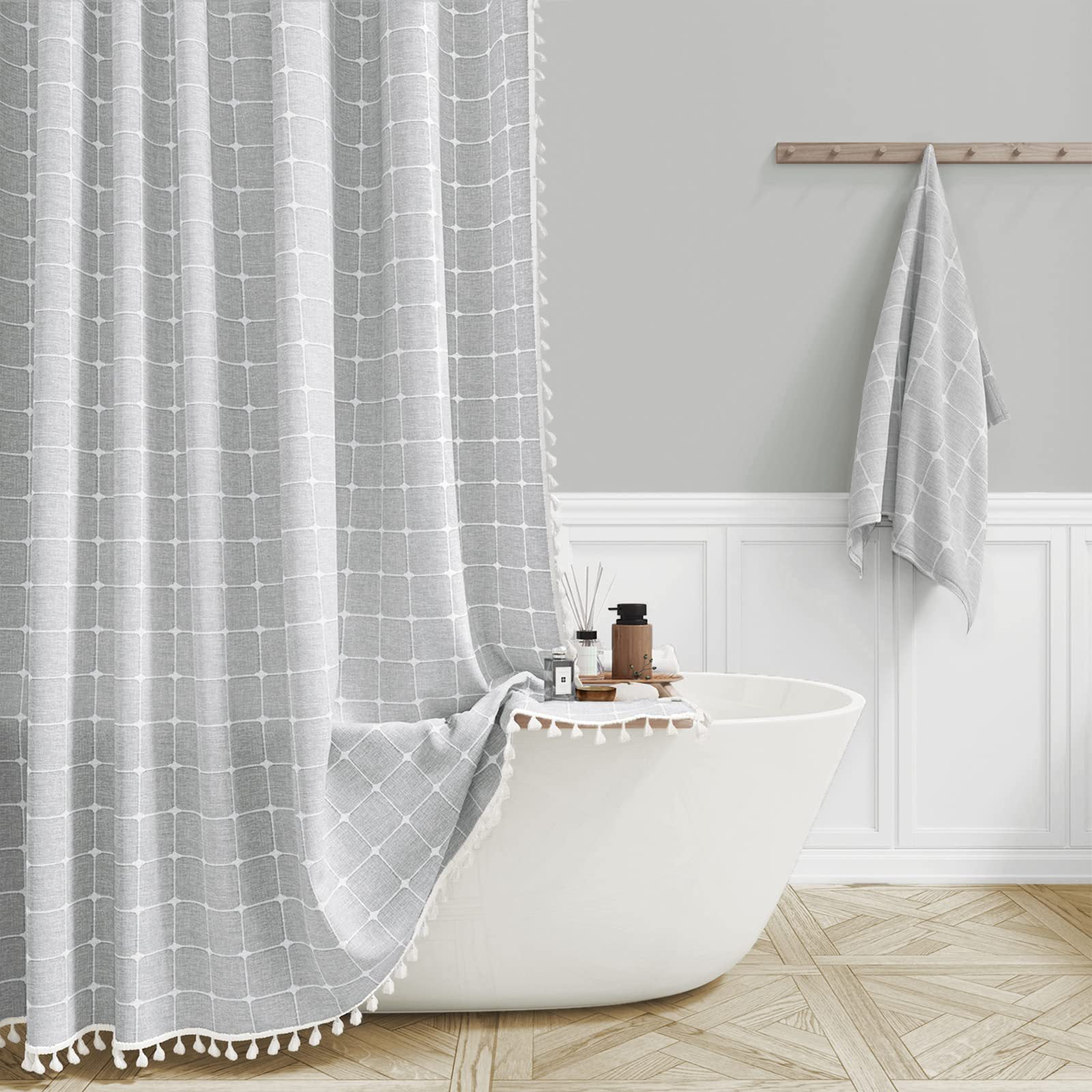 ATJIA Boho Farmhouse Shower Curtain Ultra Thick Cotton Linen Rustic Country Bathroom Shower Curtains Set Modern Bohemian
