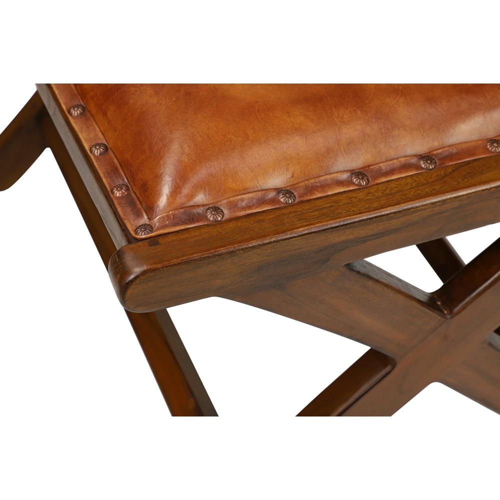 DecMode Golden Brown Teak Wood & Top Grain Leather Chair and Ottoman w