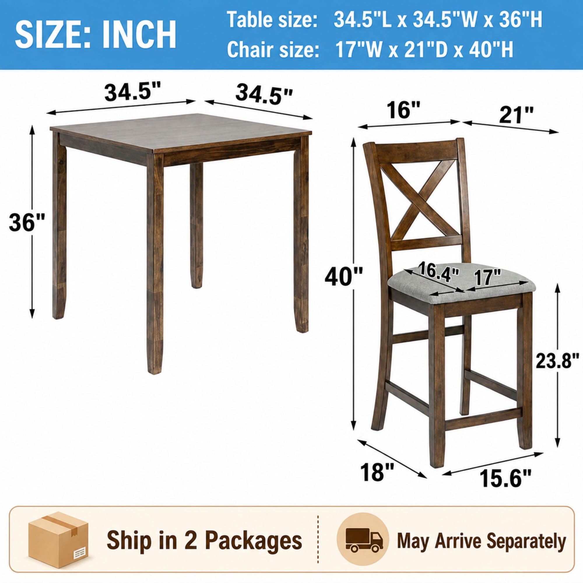 BSHTI 34.5" Solid Wood 5-Piece Counter Height Square Dining Table Set with Linen Upholstered X-Back Chairs for Kitchen Dining Room（Walnut）