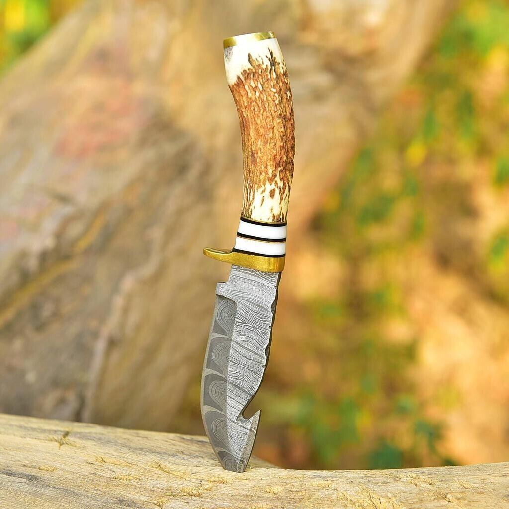 Custom Handmade Damascus Steel Fixed Blade Knife Stag Antler Handle Brass Guard