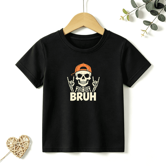 Boys Graphic T Shirt Cool Bruh Skeleton Short Sleeve Kids Tees Funny Meme 100% Cotton Soft Child Tops 4-13Y