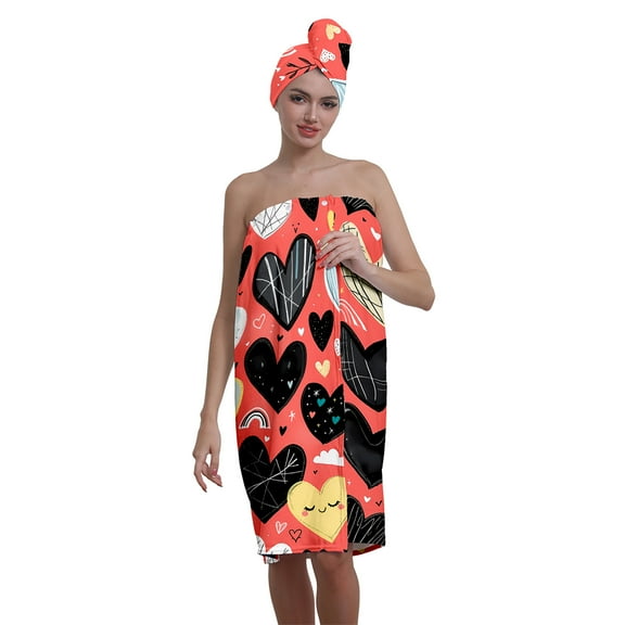 Colevkie Women 2 Pieces Bath SKirt & Shower Cap Bath Wrap Set Portable Adjustable Beach Towel Hair Drying Cap Quick Drying for Bathroom Sauna Spa Printed Cute Hearts Pattern