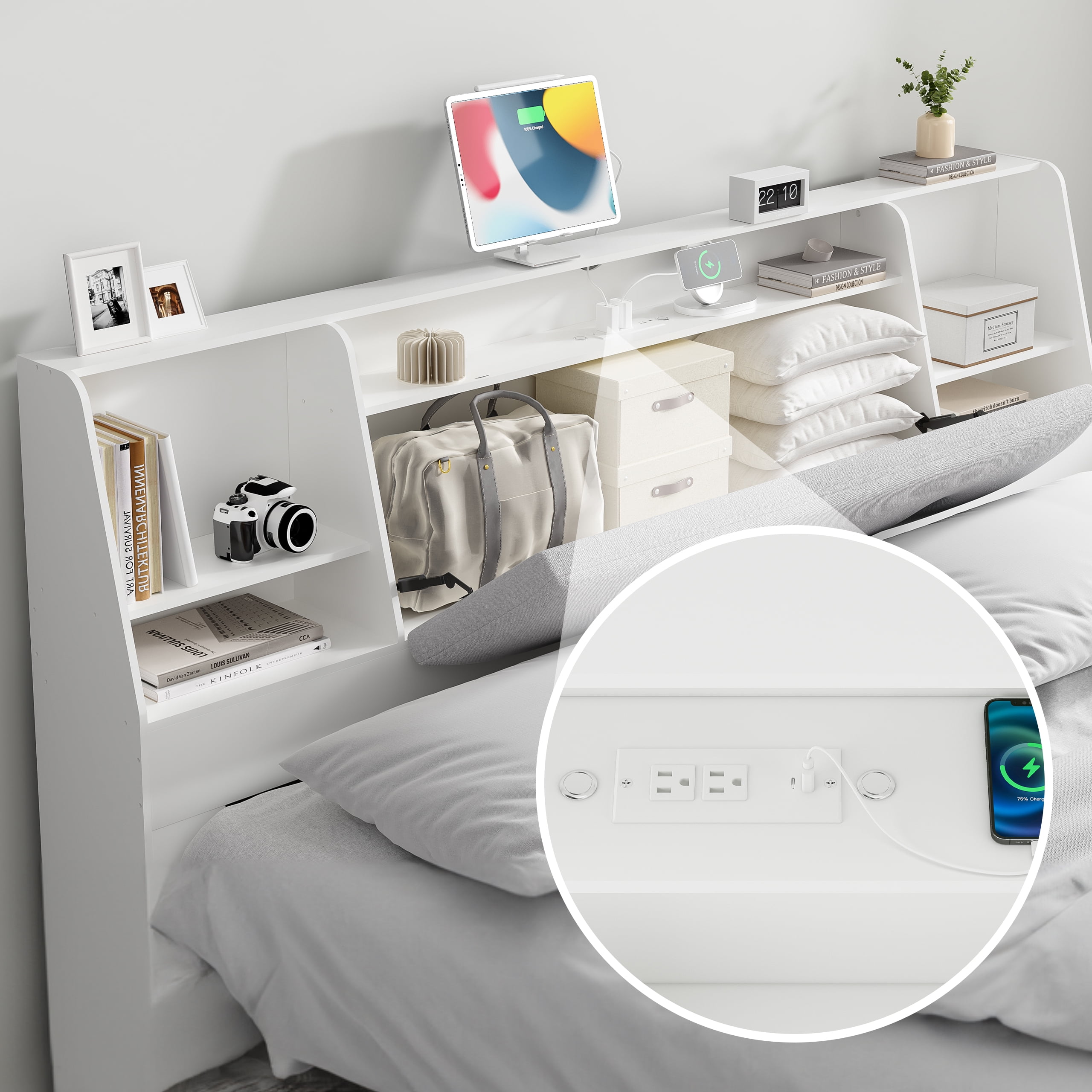 Someet 2 in 1 King Size Removable Upholstered Bookcase Headboard with 2 USB & 2 Type-C Port & Power Outlets & LED Light, White