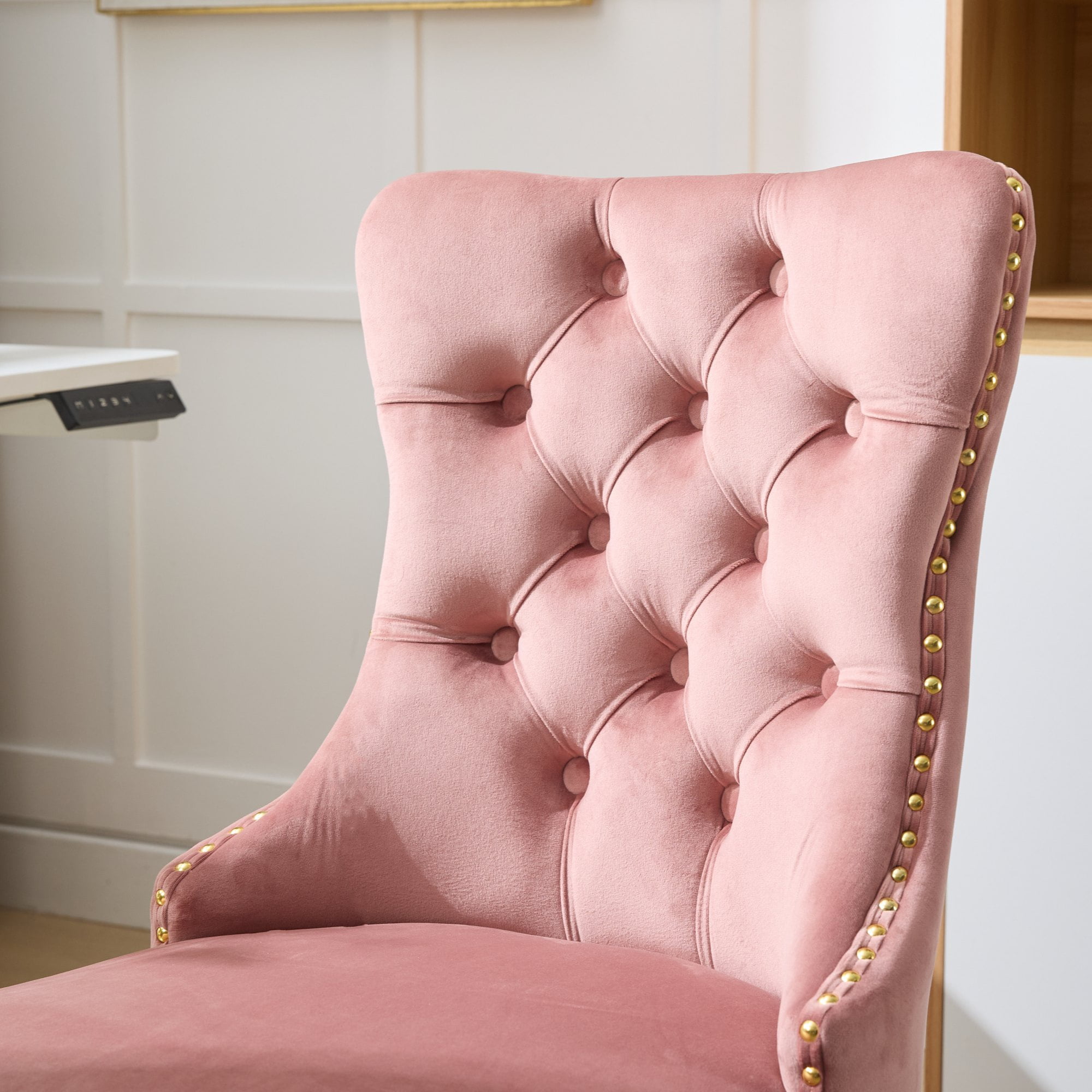 SESSLIFE Swivel Vanity Chair, Modern Office Chair with Wheels, Golden Metal Base, Velvet Upholstered Tufted Button Home Office Chair with Adjustable Height, Ergonomic Home Desk Chair, Pink