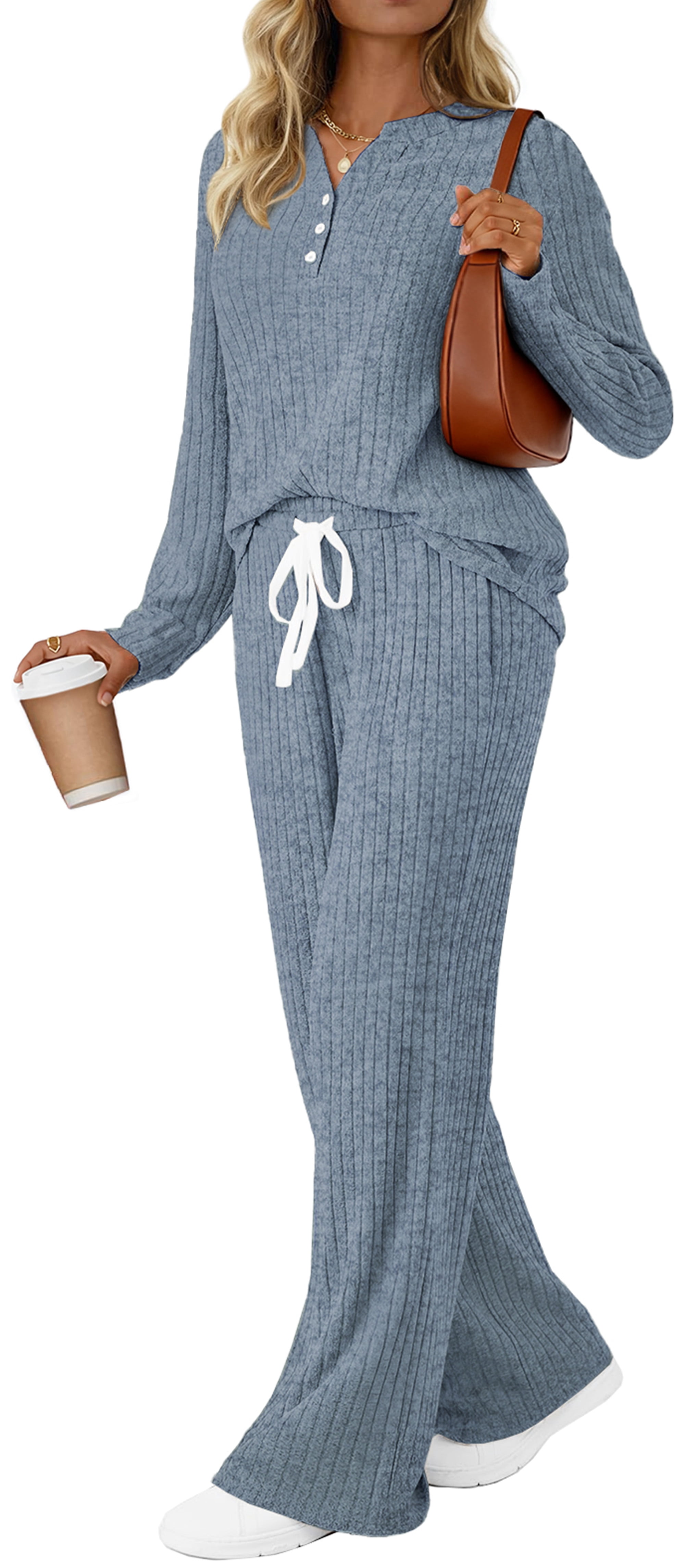 Fantaslook Two Piece Lounge Sets for Women Fall Travel Outfits Henley Neck Sweater tops Wide Leg Pants Matching Sets Pajamas Clothes