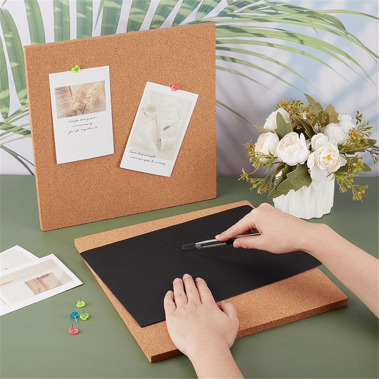 2Pcs Glass Work Surface 12x12x0.5 Inch Square Wood Cork Board Cork Cup Mats Heat Resistant Glass Work Surfaces for DIY Crafts Table Countertop Protection