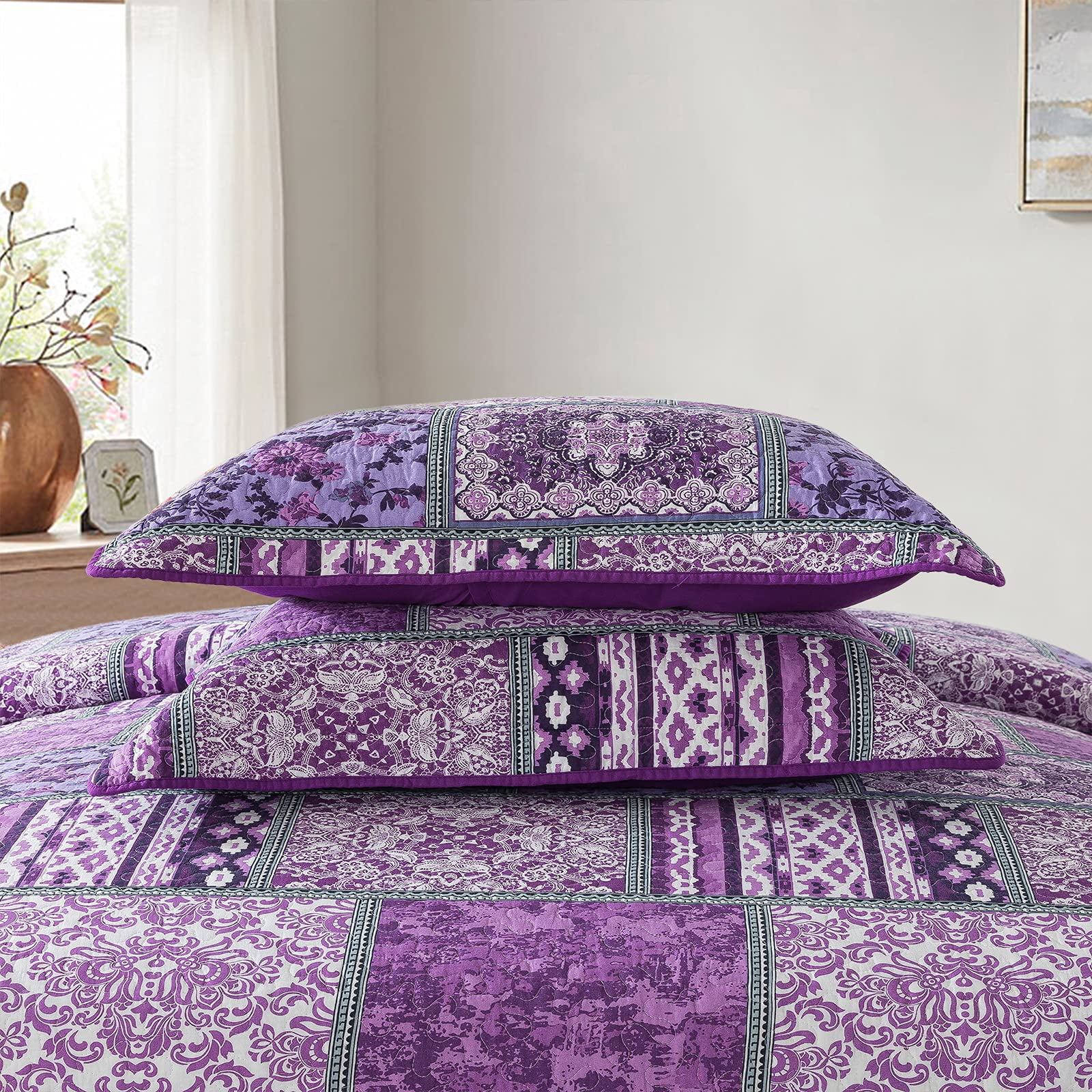 WannaToo King Size Quilt Comforter Cotton Bedding Set With Shams, Vintage Purple