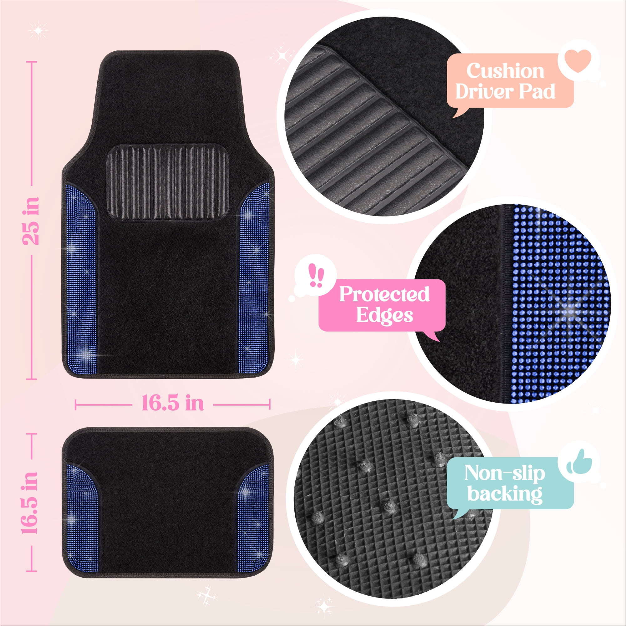 Carbella Diamond Bling Car Mats 4-Piece Set, Shiny Rhinestone Crystal Carpet Car Floor Mats, Two-Tone Floor Mats for Cars, Cute Automotive Interior Car Accessories for Women (Blue)
