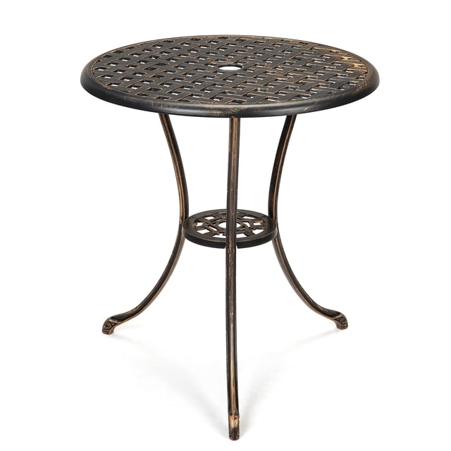 Mesa bistró redonda de aluminio fundido para patio - Agujero para sombrilla de 2" - Perfecta para jardín, balcón y porche - Acabado rústico Bronze 23.6"