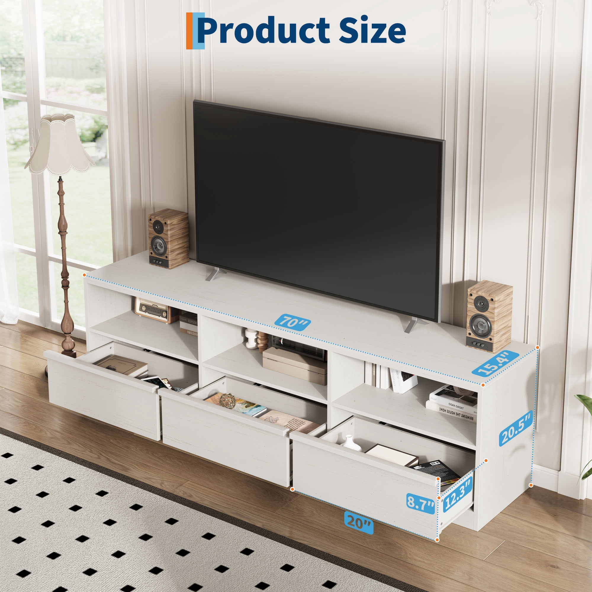 Modern TV Stand with Storage for TVs Up to 85", 70 inch Media Console with Drawer & Open Shelves, Mid Century Entertainment Center for Living Room, White