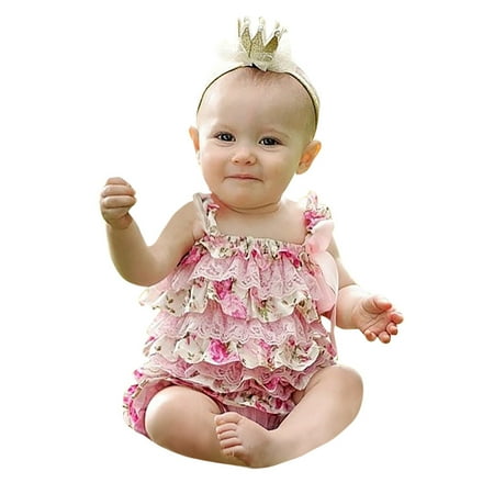 

QWERTYU Newborn Infant Baby Toddler Clothes Sleeveless Floral Romper for Girl Summer Ruffle Lace Jumpsuit 0-24M Pink L