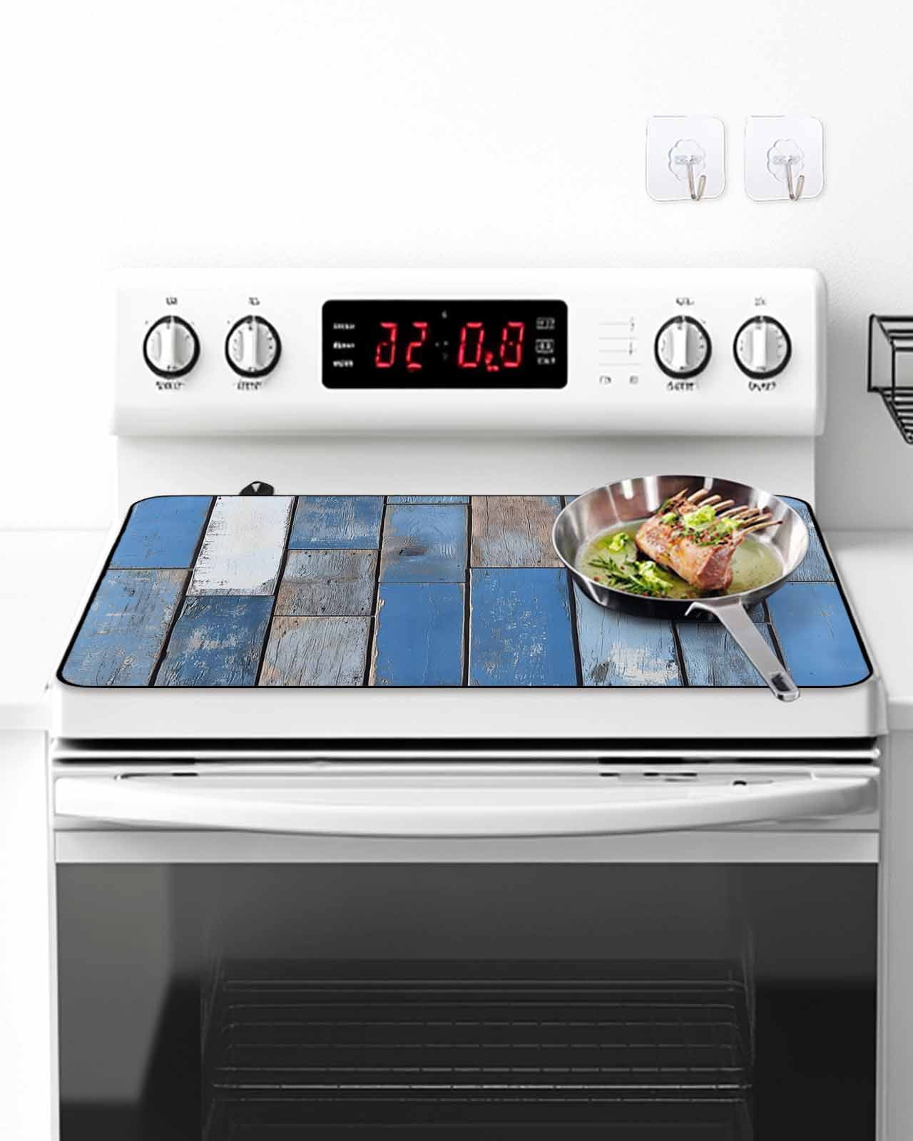 Stove Top Covers for Electric Stove 31x24 Inches, Vintage Blue Wooden Heat Insulation Fireproof Glass Cooktop Protector, Farmhouse Wood Grain Multipurpose Countertop Stovetop Cover for Kitchen