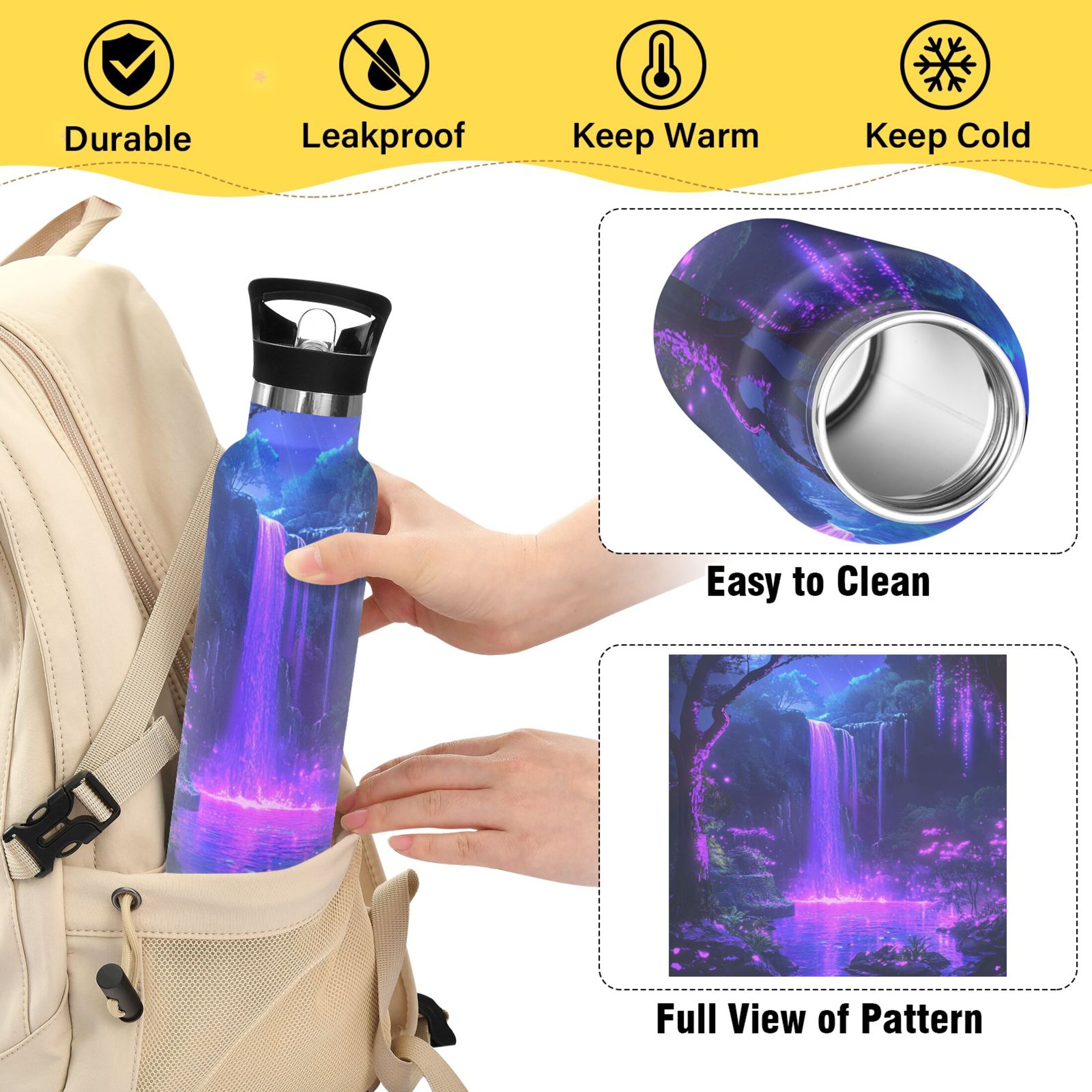 Kids Insulated Stainless Steel Sports Water Bottle 600ml (20oz) Purple Neon Waterfall