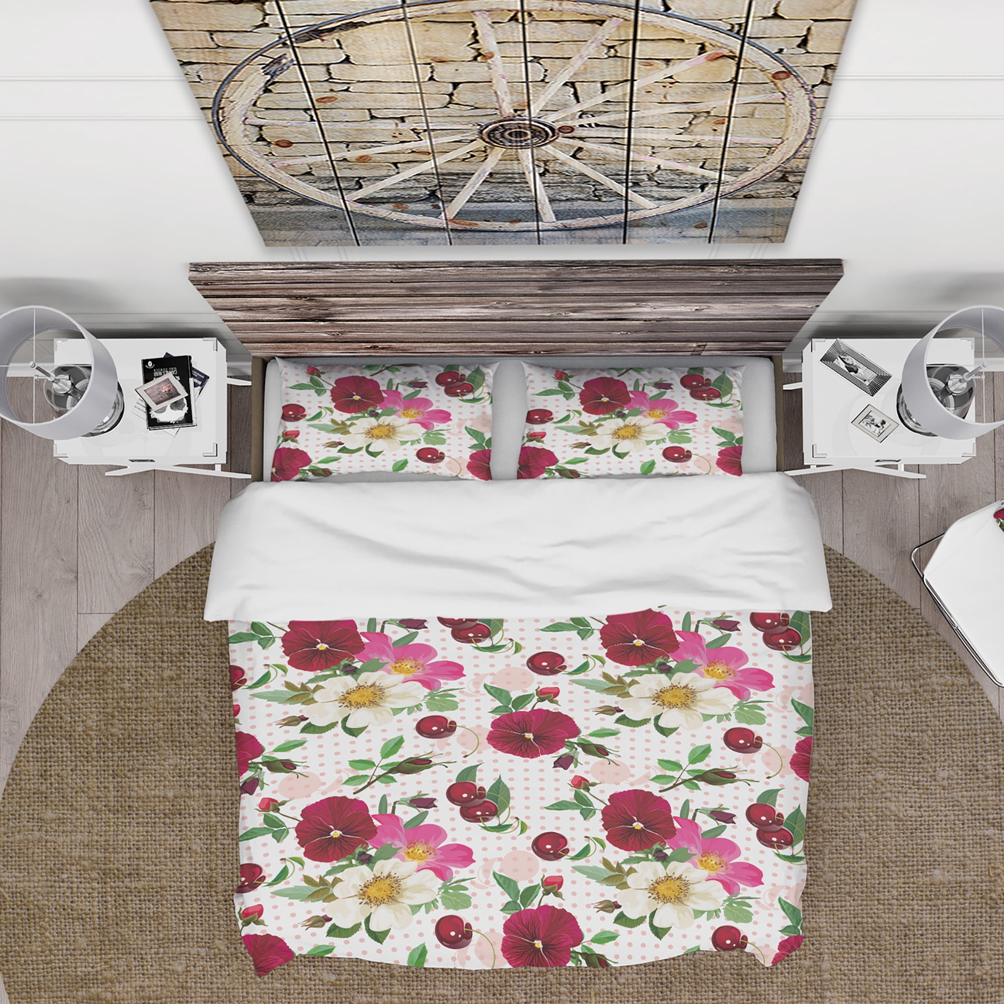 Designart 'Pansies, Cherries and Roses on Pink Dotted Background' Abstract Duvet Cover Set