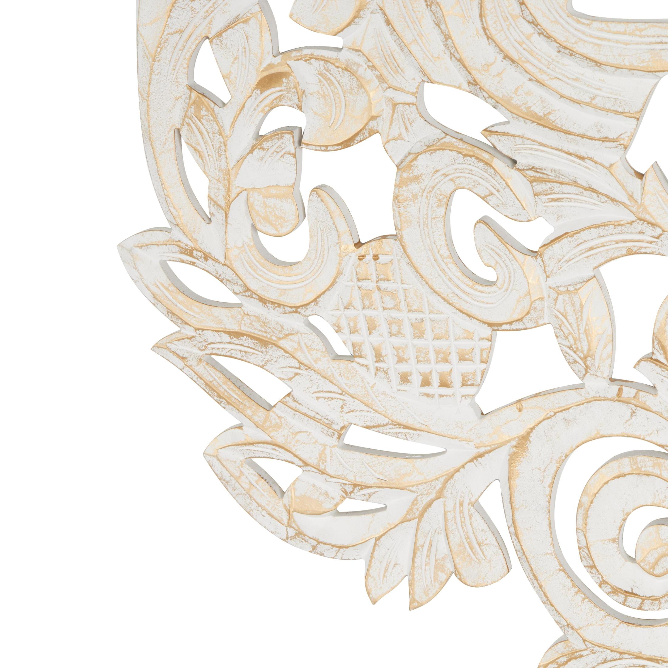 DecMode Gold Wooden Handmade Carved Tree Wall Decor with Scroll Details