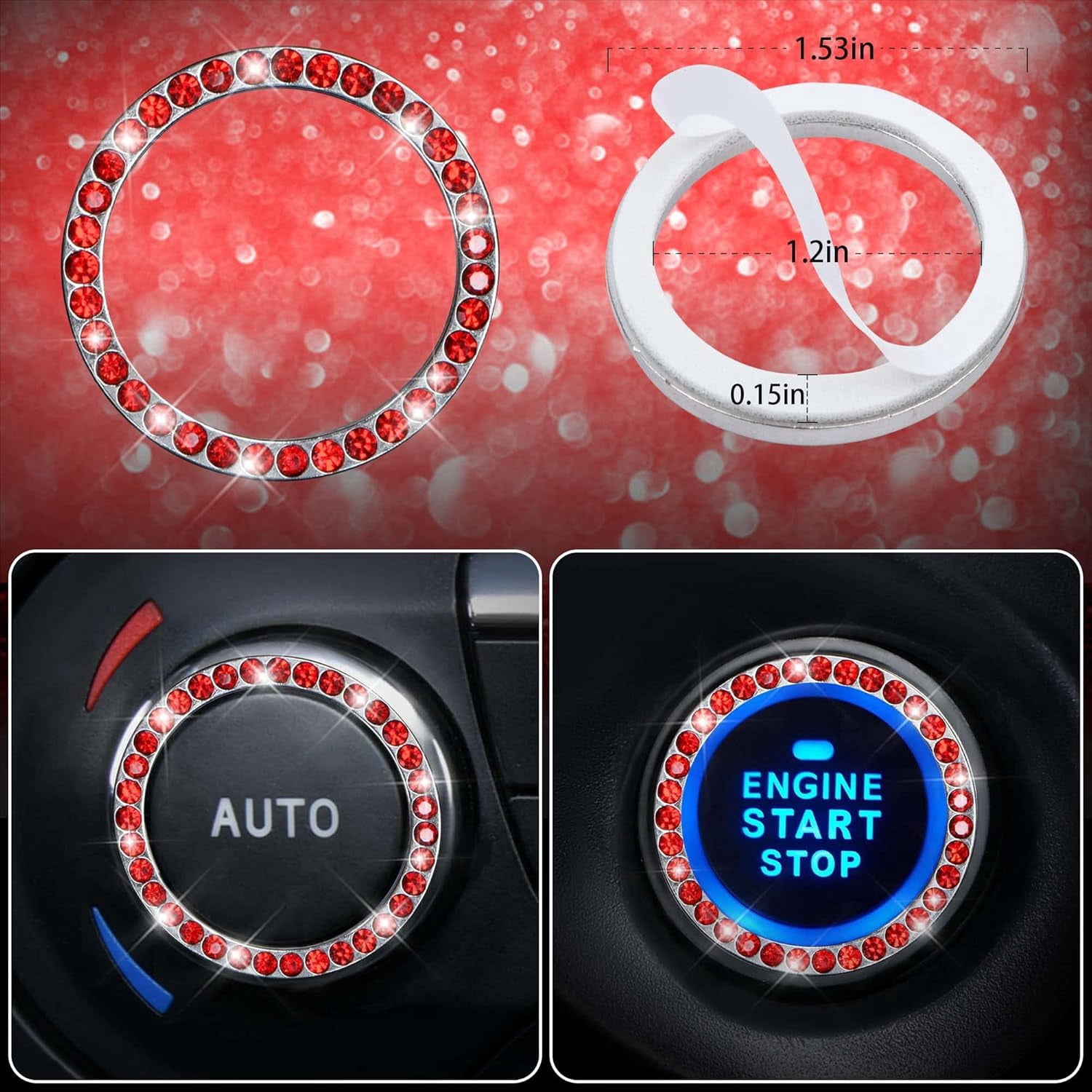 GUANGHUI 11 PCS Bling Car Accessories, Sparkly Rhinestone Diamond Steering Wheel Cover, Bling Seat Belt Cushion, Glitter Shift Knob Cover, Car Cup Holder Coaster, Cute Interior Sets Red