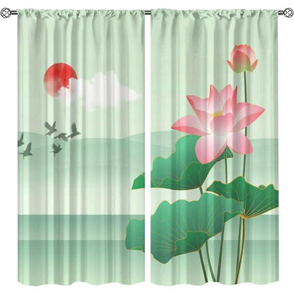 Lotus Flower Curtains & Drapes 42x63in - Clouds Sun Wild Goose Thermal Insulated Blackout Curtains, Japanese Style Window Treatments for Living Room Bedroom Kitchen Dining Kid Room Balcony