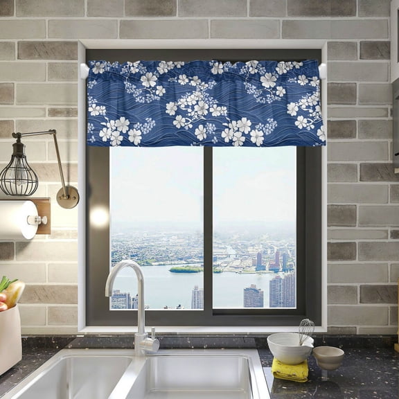 Yayeee Kitchen Valance Rod Pocket 54" x 18" Living Room Window Curtain, Floral Ocean Waves