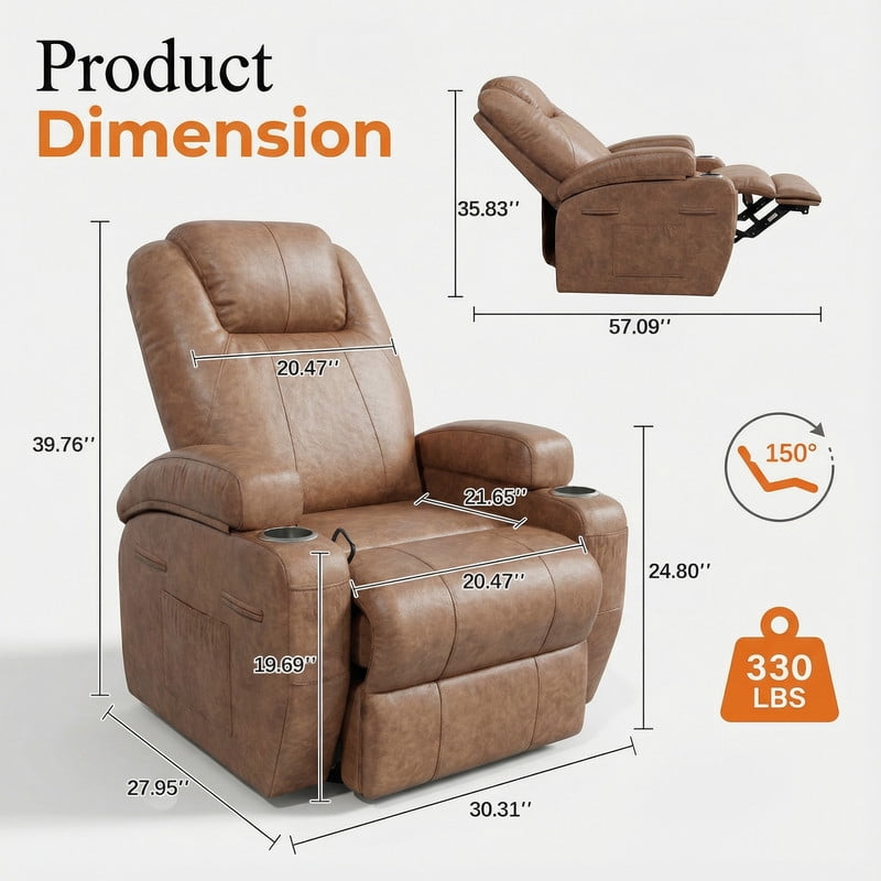 Homall 360° Swivel Rocking Recliner Massage Oversized Singal Sofa For Living Room Ergonomic High Backrest and Adjustable Recliner,PU Brown