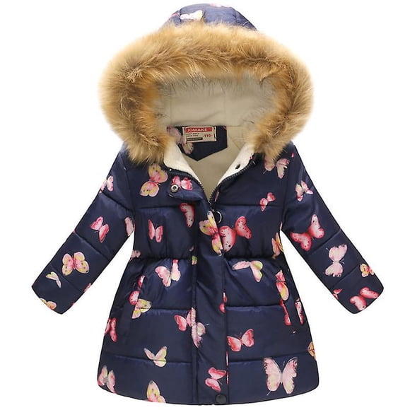 Children Girls Butterfly Print Hooded Puffer Jacket Winter Warm Casual Thickened Coat 4-11 Years Old