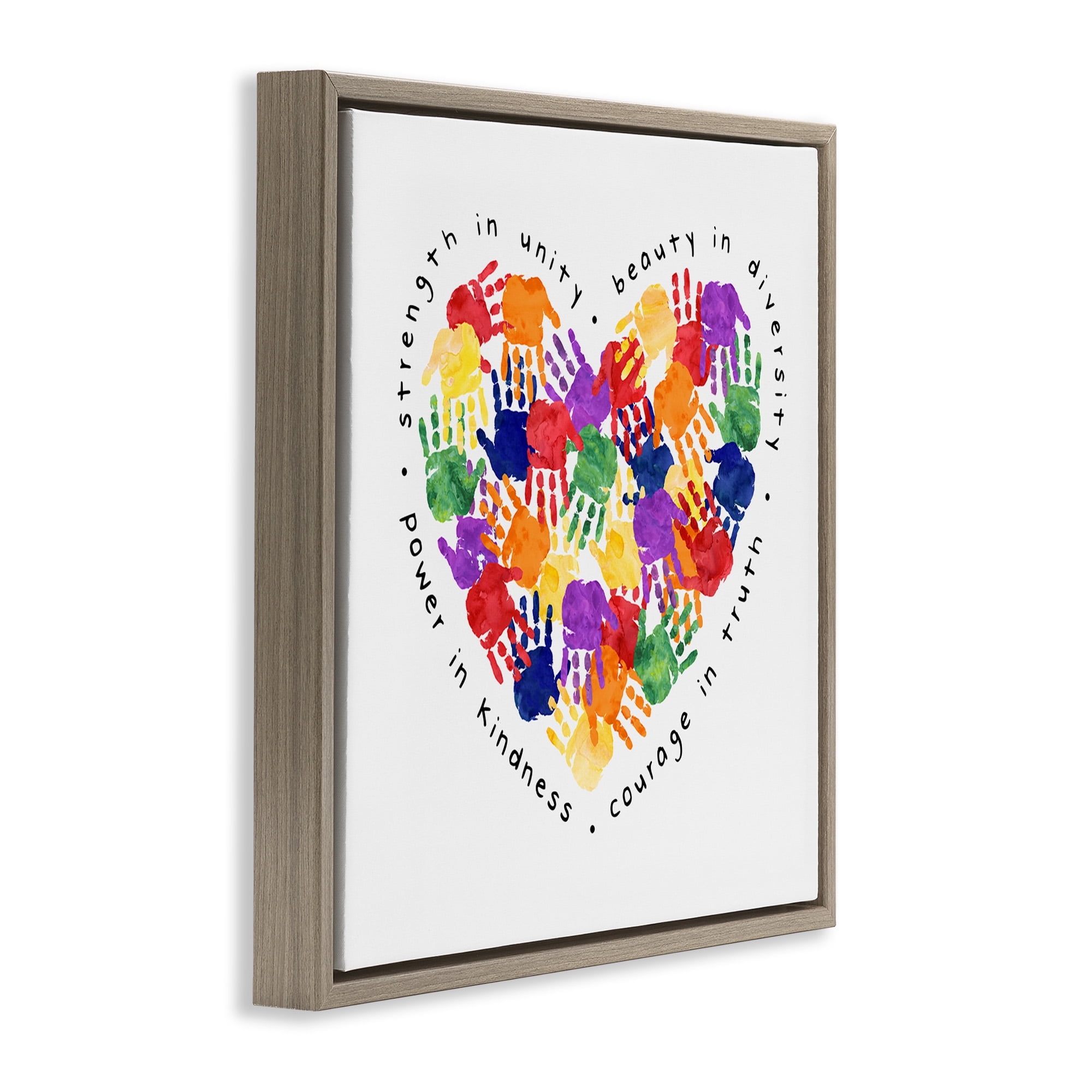 Stupell Industries Strength In Unity Handprint Heart Inspirational Painting Brown Floater Framed Canvas Art Print Wall Art, 18 x 18