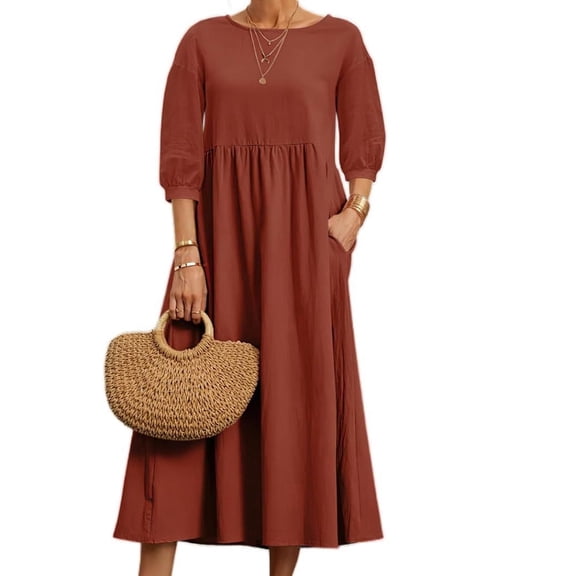 Scacto Women's Cotton Linen Midi Dress, 3/4 Lantern Sleeve Loose A‑Line Casual Dress with Pockets for Spring Fall
