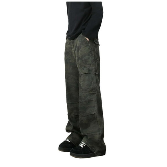 TrendOFT Camouflage Cargo Jeans for Women High Waisted Straight Wide Leg Camo Jeans Y2k Flap Pockets Baggy Denim Pants Dark Gray L