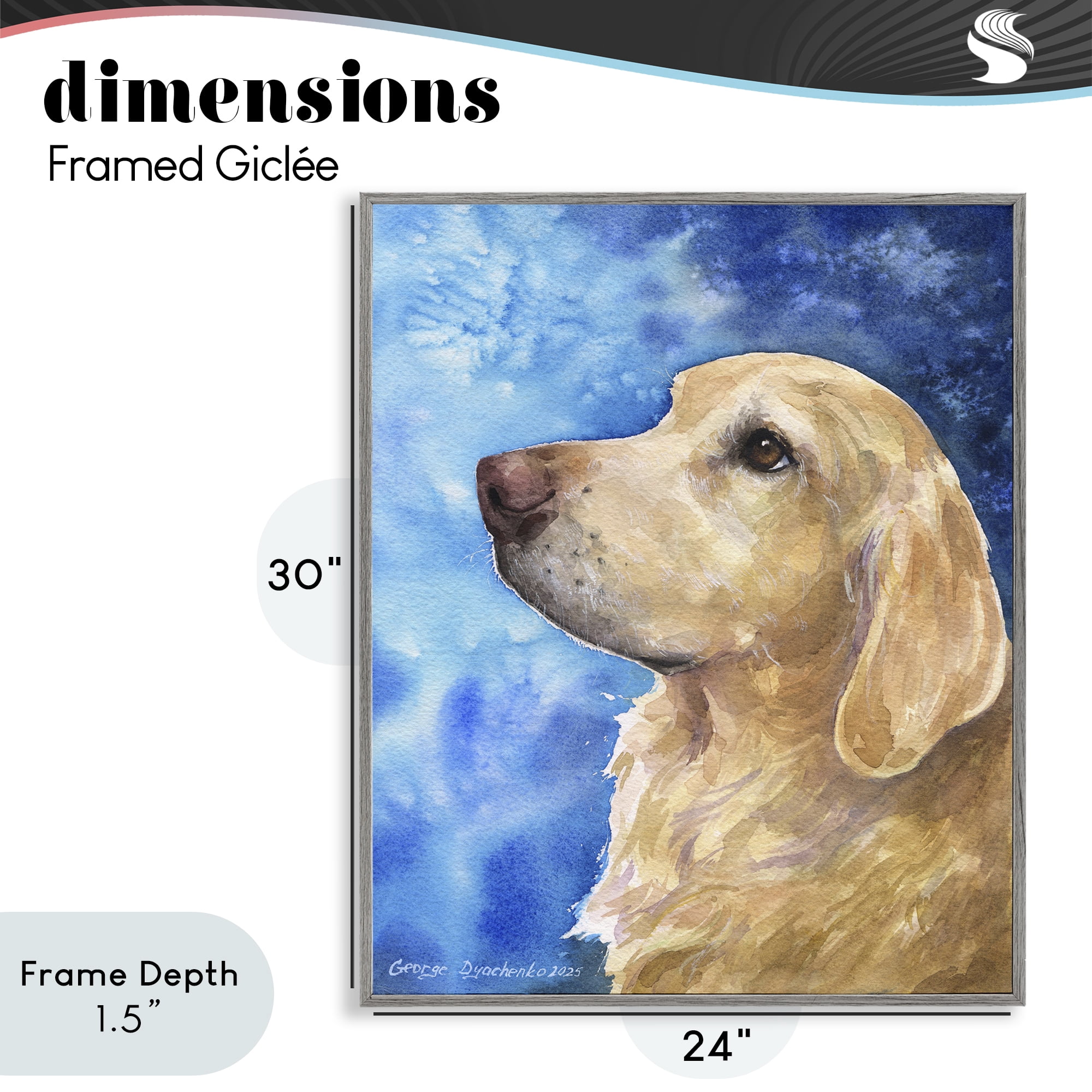 Stupell Industries Golden Retriever Portrait on Azure Gray Framed Giclee Art, design by George Dyachenko