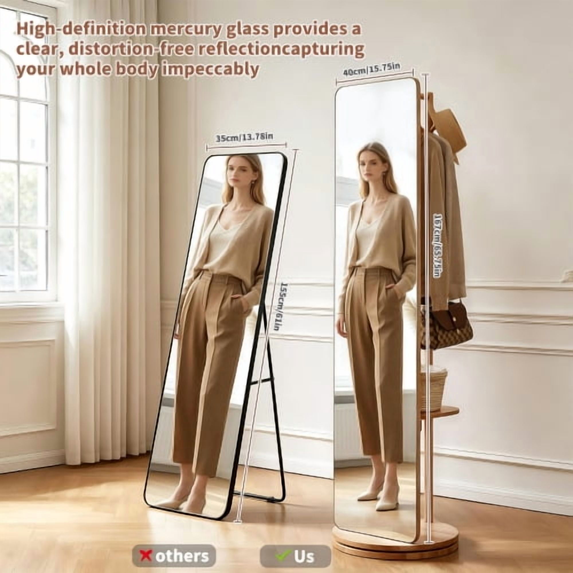 360° Rotatable Full Length Mirror with Coat Rack, 70"x19" Solid Wood Freestanding Body Mirror with Hooks & Storage Shelf, Standing Floor Mirror for Bedroom, Entryway, Living Room, Natural