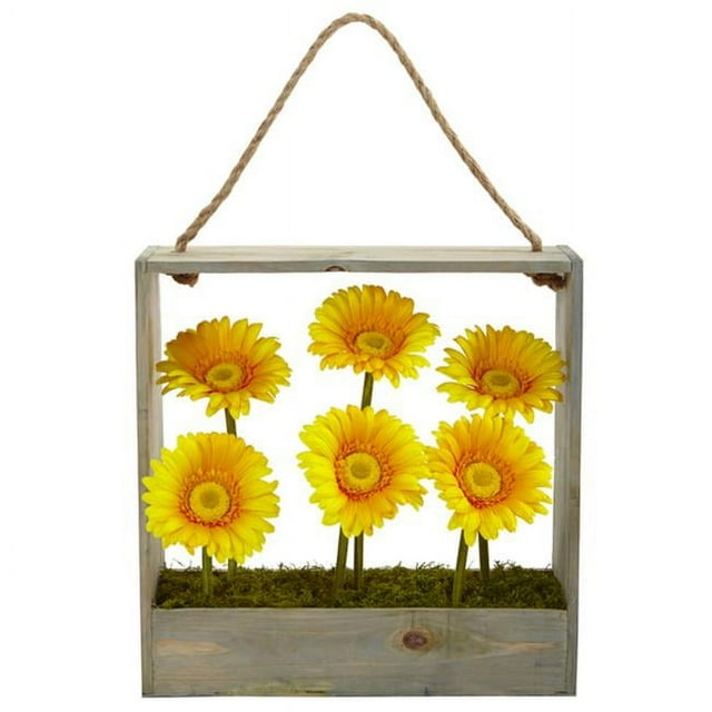 Nearly Natural 1482-YL Gerber Daisy Garden in Hanging Frame, Yellow