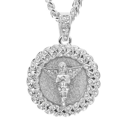Hip Hop Iced Silver Plated Men's Angel Pendant 24 inch Cuban Chain Necklace CPB 121 S