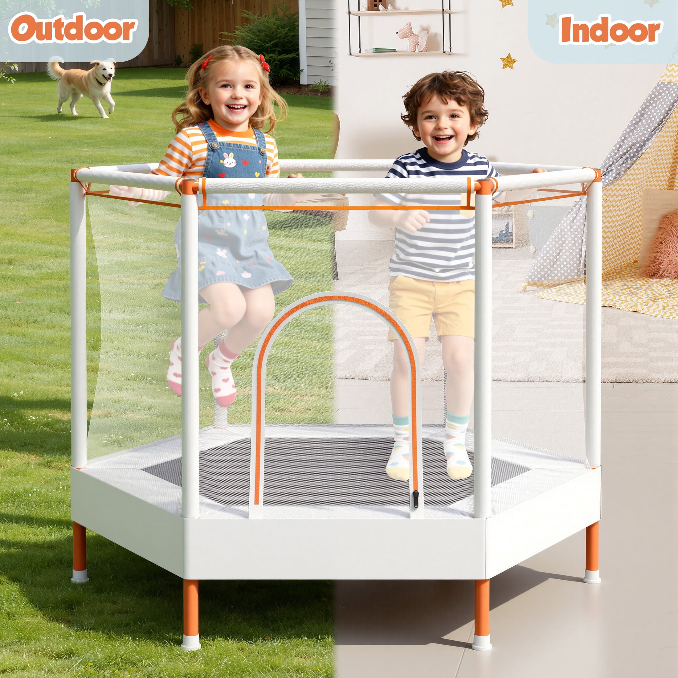 SHINPT 55'' Kids Trampoline with Safety Net, No-Gap Toddler Trampoline Indoor&Outdoor, Mini Trampoline for Kids Ages 3-8, 4.5FT Small Trampoline with Enclosure, Easy Assembly