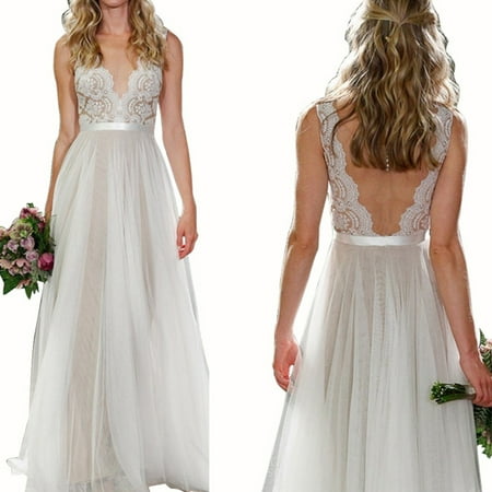 

Sexy Women V Neck Mesh Long Dress Backless Sleeveless Bridesmaid Night Gown