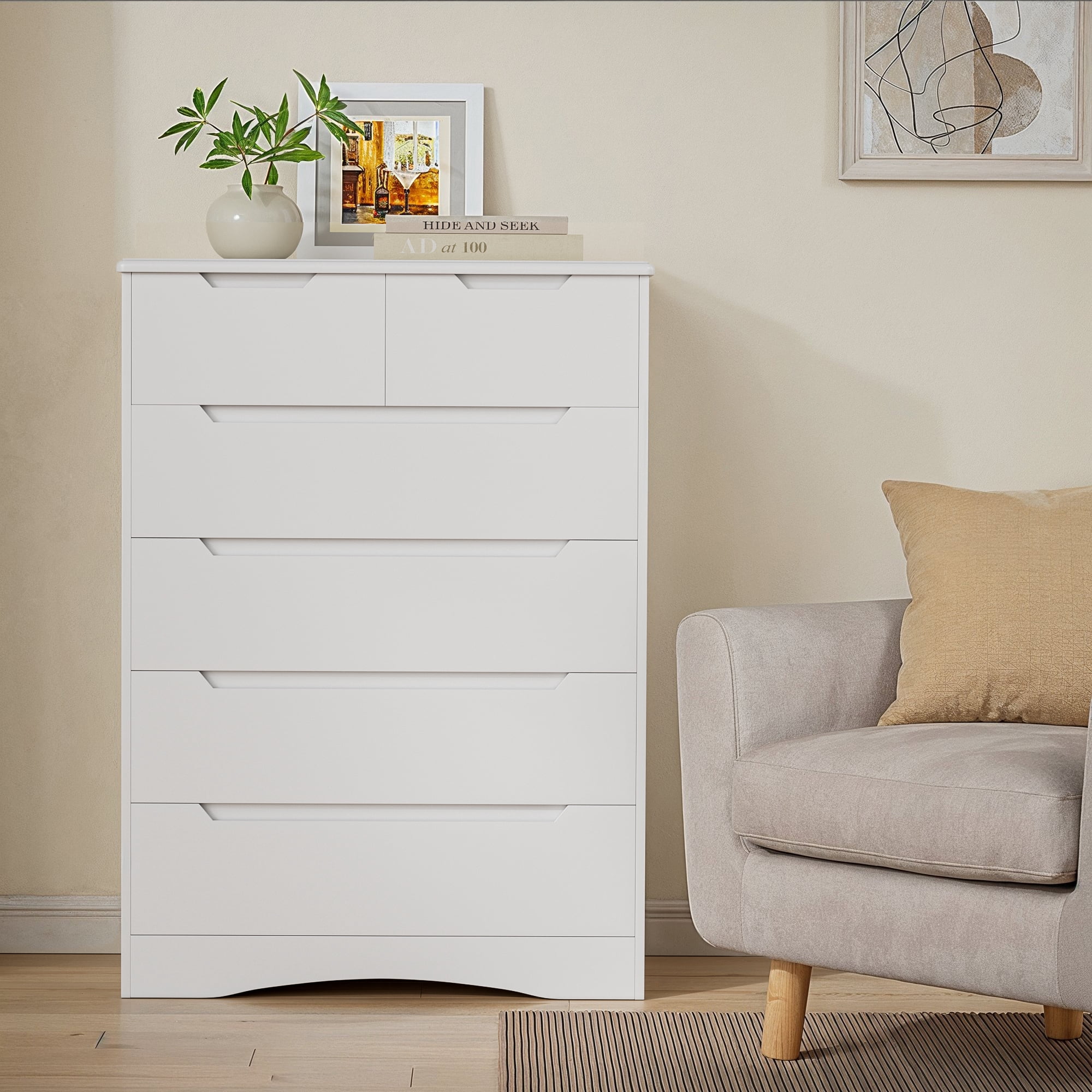 Lofka 6 Drawer Dresser for Bedroom, Tall White Vertical Chest of Drawers with Anti-Tipping, Dual-Size Drawers, Small Space Storage Solution for Apartment, Guest Room