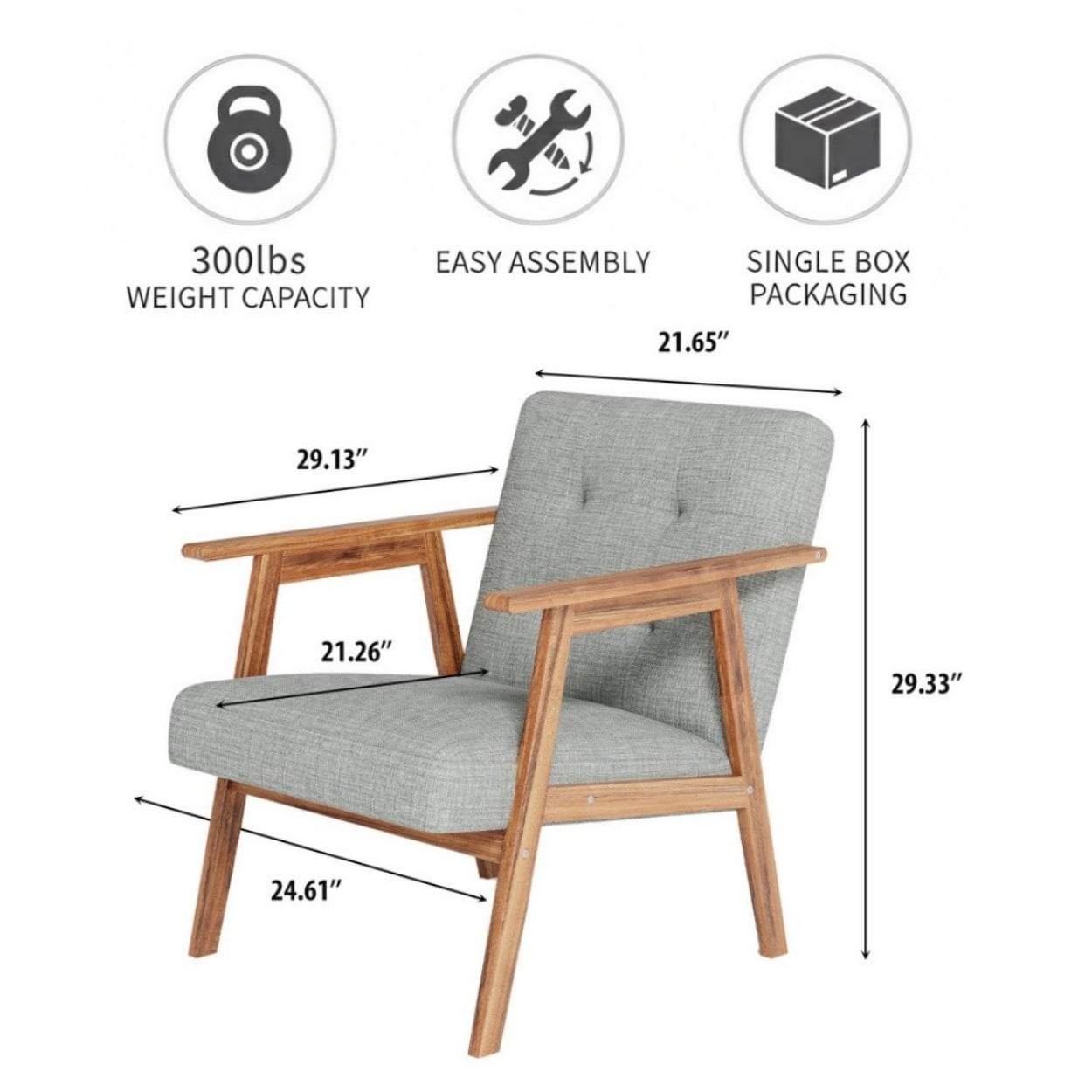 Modern Accent Chair, Fabric Upholstered Armchair with Tufted Details and Wooden Frame, Light Gray Lounge Chair for Living Room, Bedroom & Office, Light Gray