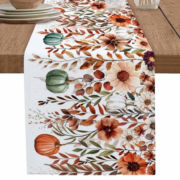 nqOlkjepod Orange Teal Fall Table Runner 72 Inches Long Farmhouse Dress Scarves, Weeping Botanical Pumpkins Thanksgiving Dining Tablerunner for Coffee Table/Kitchen Island/Party Décor, 13" x 72"