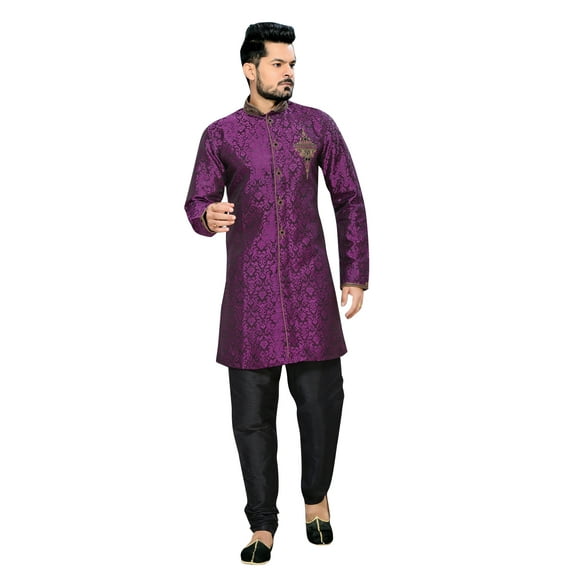 Traditional Violet Art Silk Indian Wedding Sherwani For Men. This product is custom made to order.