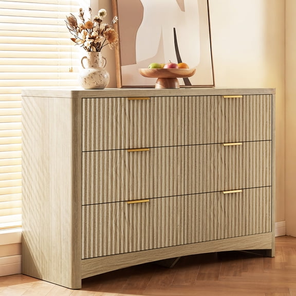 CHITOOMA Fluted Dresser for Bedroom, Modern Wooden 6 Drawer Dresser, Storage Cabine Chest of Drawers for Living Room Hallway, Natural
