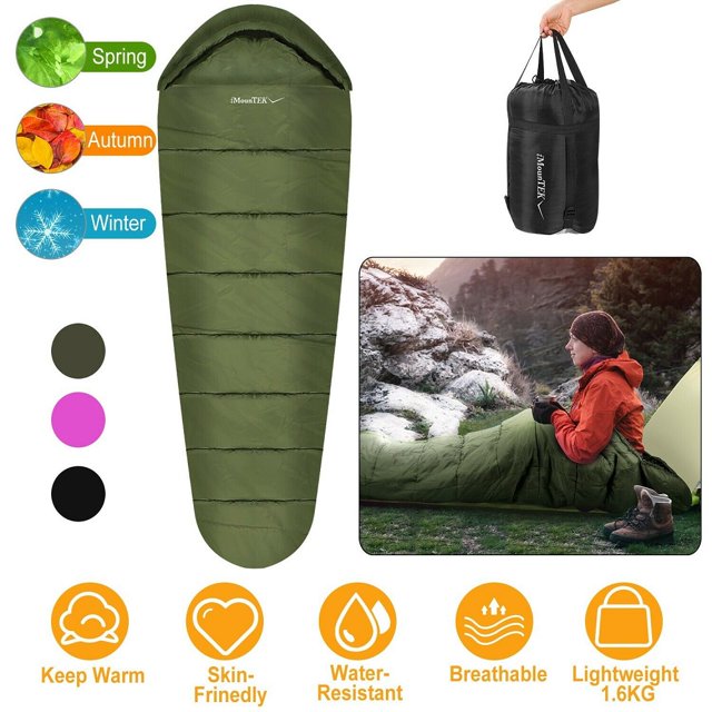 510 ℃ Mummy Sleeping Bag Cold Weather Compact Travel Camping w Carrying Case Olive Green Color