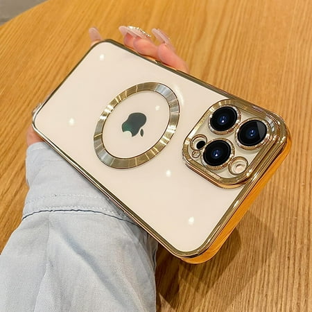 Compatible with iPhone 13 Pro Magnetic Clear Case Luxury Plating Bling Transparent Shockproof MagSafe Case with Full Camera Lens Protector for iPhone 13 Pro Women Girl Men-Elegant Golden