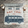thumbnail image 2 of Vintage Coverlet Set Queen Size, New Adventures Typography with Little Van Hippie Lifestyle Free Spirit Print, Quilted 3 Piece Decor Bedspread Set with 2 Pillow Shams, Cadet Blue White, by Ambesonne, 2 of 2