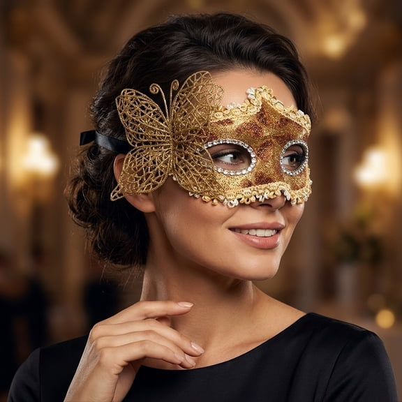 Gold Venetian Masquerade Mask for Women 7 Inch Glitter Butterfly Mask Rhinestone Eye Mask Accessory for Halloween Mardi Gras Prom Party, 1 Pack