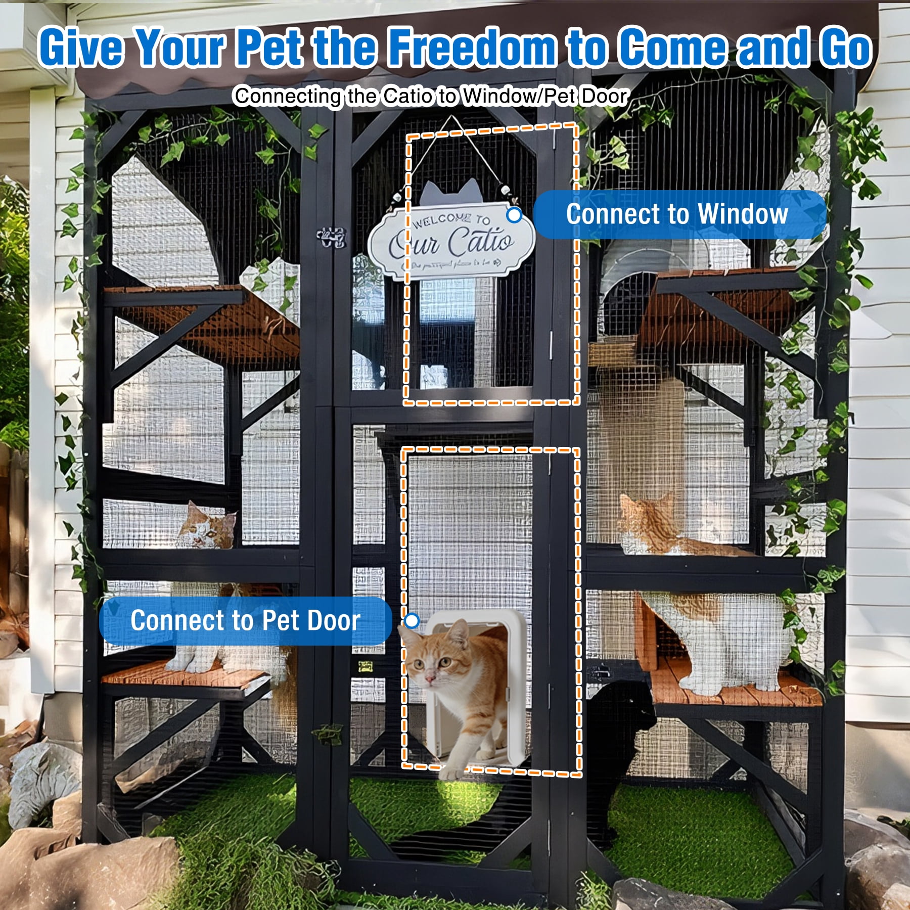 Suumerpety Catio Outdoor Cat Enclosure 70" Large Wooden Cat House with Weatherproof Roof & 7 Platforms & 2 Condons Window Catio for Indoors and Outdoors Black