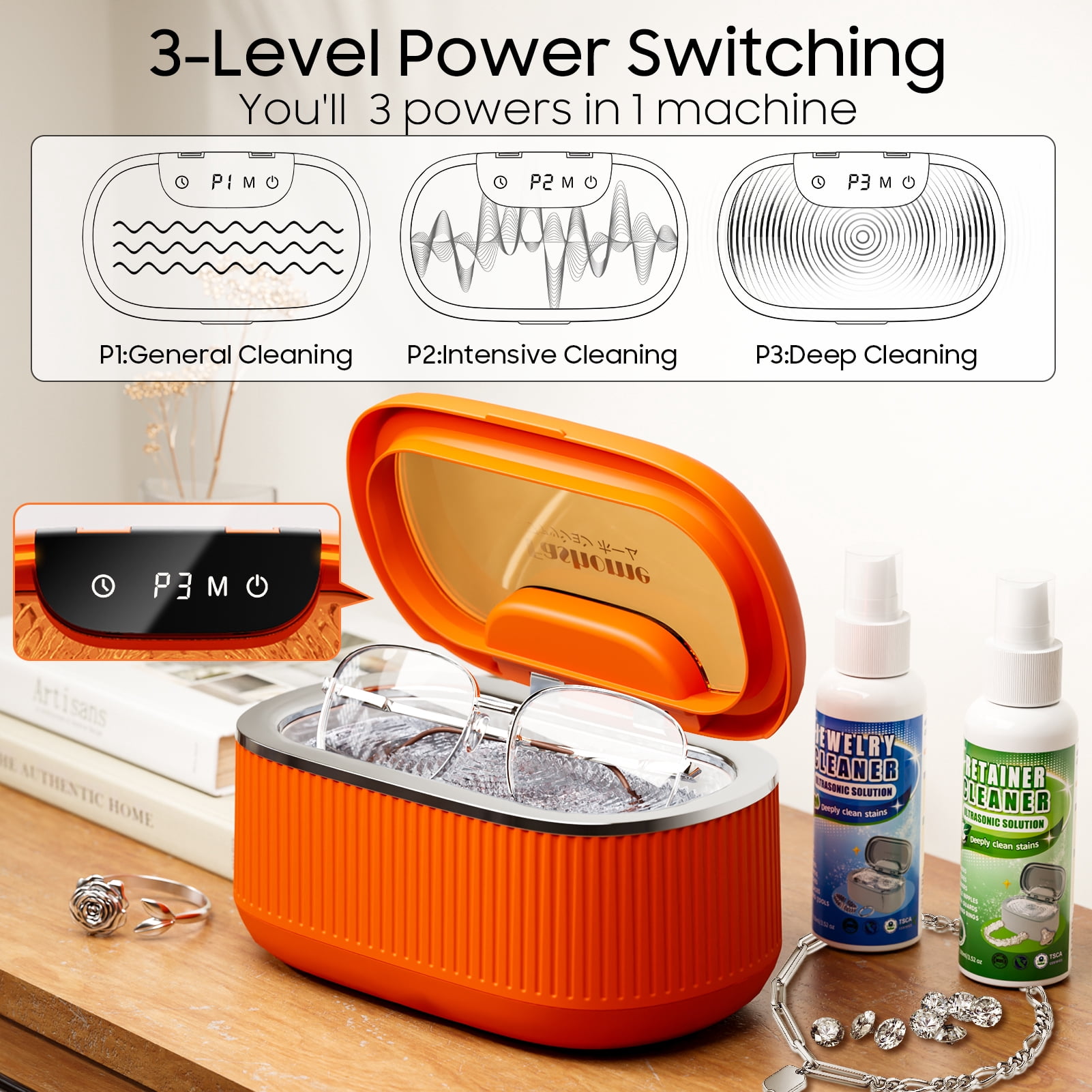 Professional Ultrasonic Cleaner with 200ML Solution, 45KHz 20oz Jewelry Cleaner Ultrasonic Machine with Basket Watch Stand for Rings, Necklaces, Eyeglasses, Dentures, Retainers