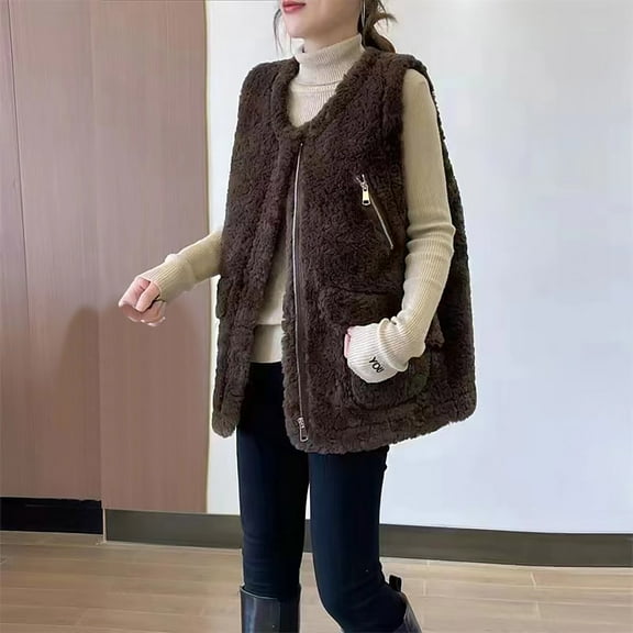 Fartey Fleece Vest for Women Trendy Zip Up Sleeveless Collarless Sherpa Vests Casual Comfy Winter Warm Waistcoat with Pockets M