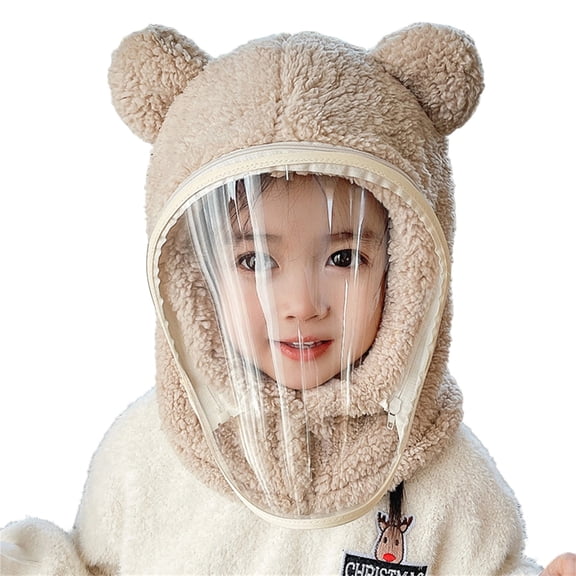 QHFBli Toddler Windproof Integrated Hat with Clear Face Cover, Cute Bear Ears Thick Full Face Winter Cap, Kids Outdoor Cycling Hat