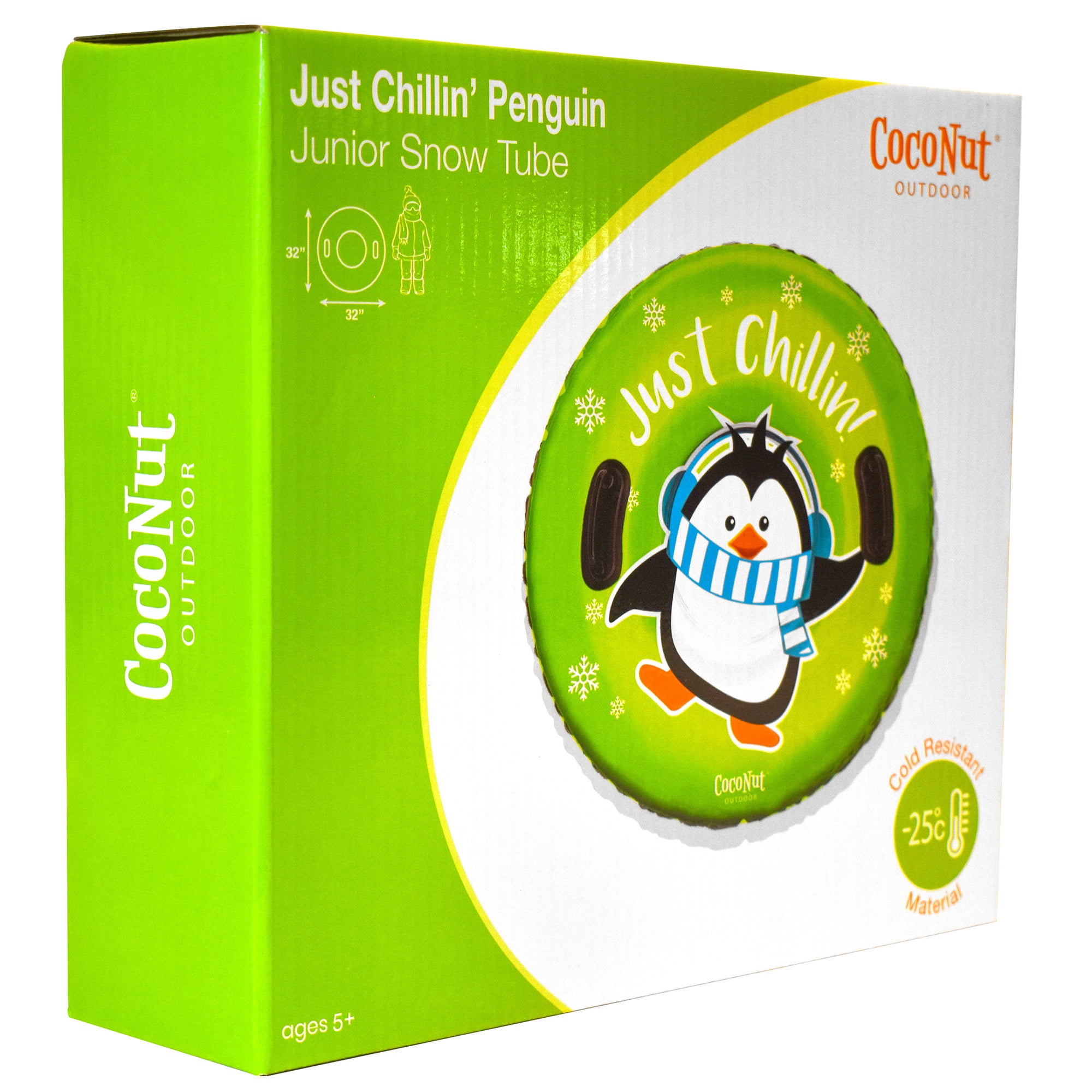 CocoNut Outdoor: Just Chillin Green Penguin -32" Inflatable Penguin Junior Snow Tube - Heavy Duty Snow Sled with Sturdy Handles for Kids, Lightweight Snow Tube for Boys and Girls, Kids 5+