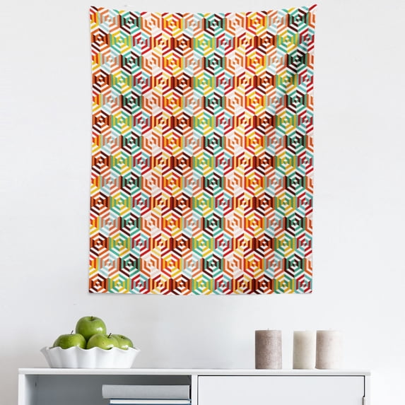 Geometric Tapestry, Abstract Cubes Isometric Hexagonal Shaped Pattern Colorful Retro Design Print, Fabric Wall Hanging Decor for Bedroom Living Room Dorm, 5 Sizes, Mustard Orange, by Ambesonne