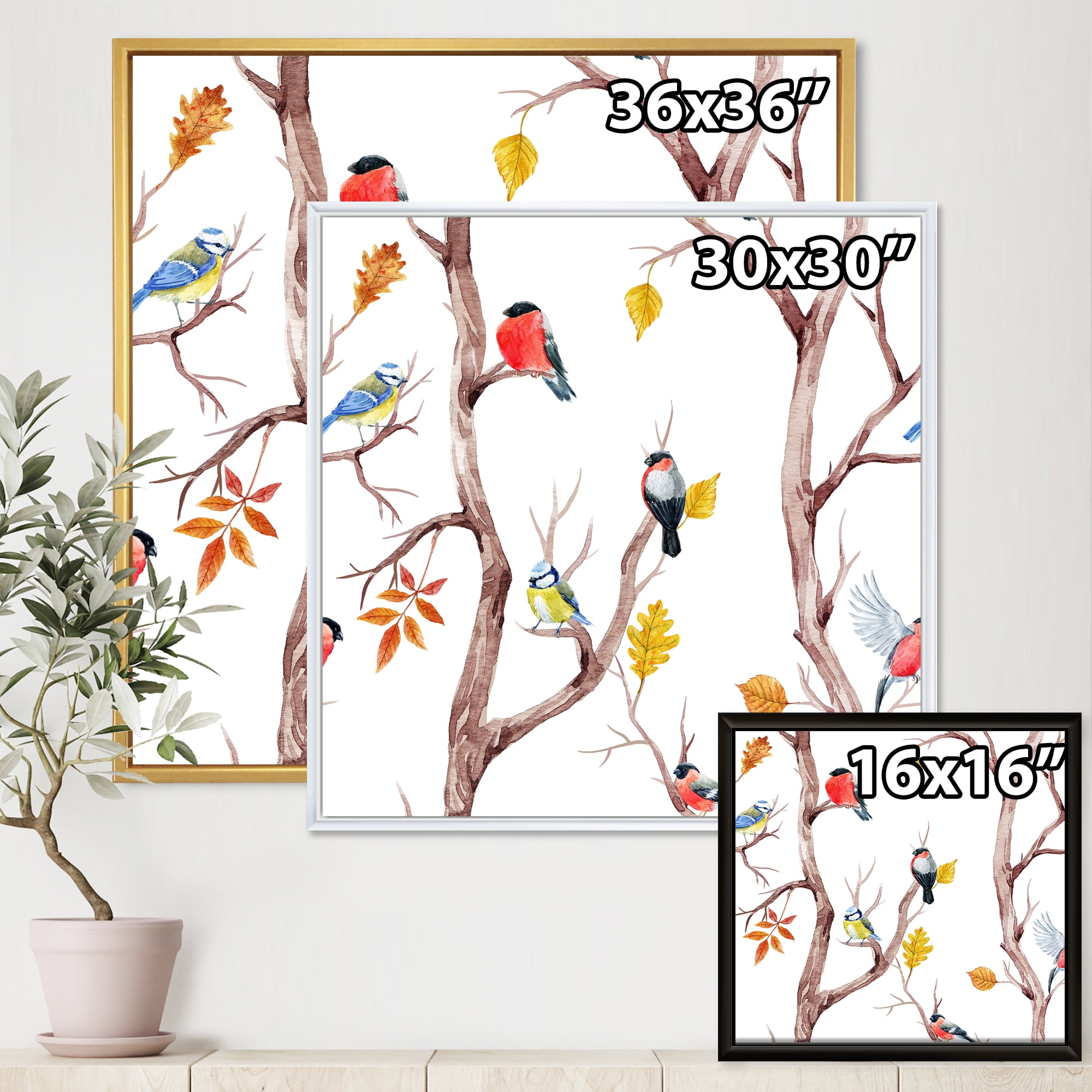 Designart 'Little Birds and Fall Trees' Traditional Framed Canvas Wall Art Print
