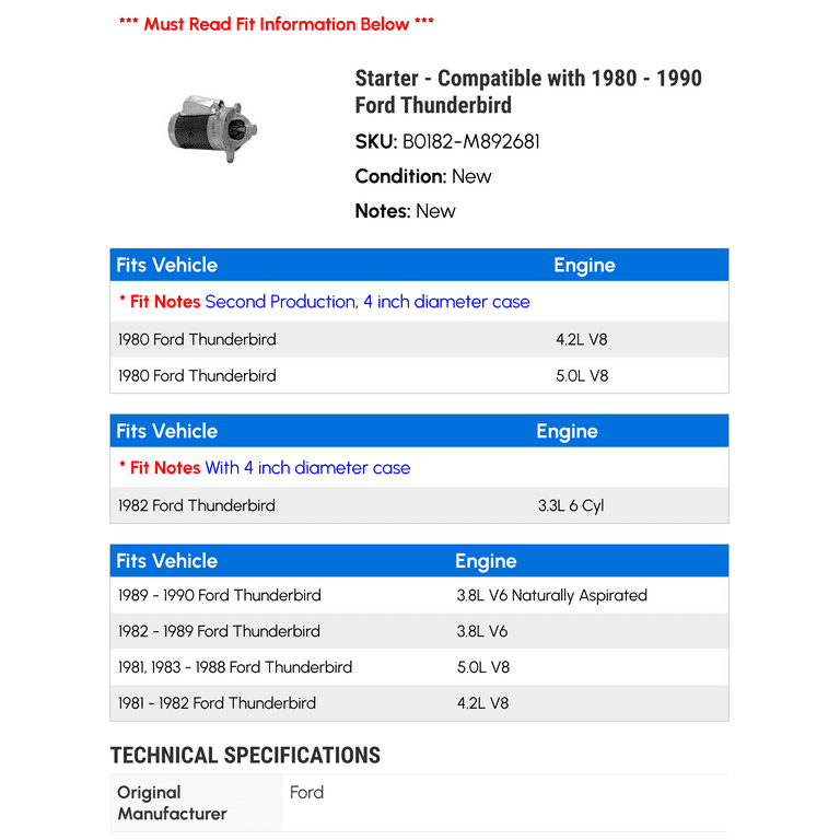 Starter - Compatible with 1980 - 1990 Ford Thunderbird 1981